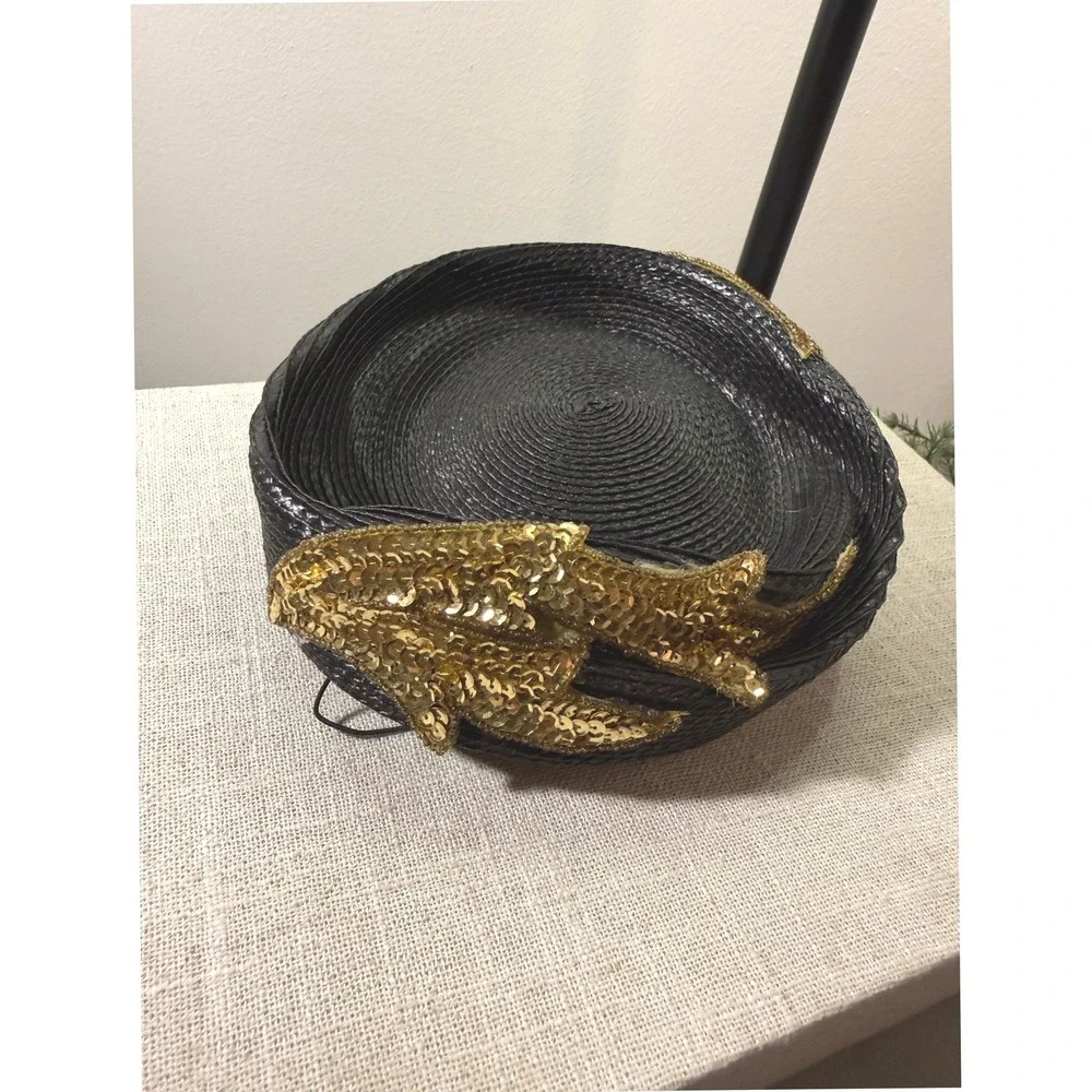 Vintage Black Pillbox Hat Gold Sequin Bird Applique Retro Formal Millinery Hat